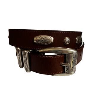 Olga Santini Women's Belt Brown Leather  Silver Metal Detail 1" Wide Style 4175A
